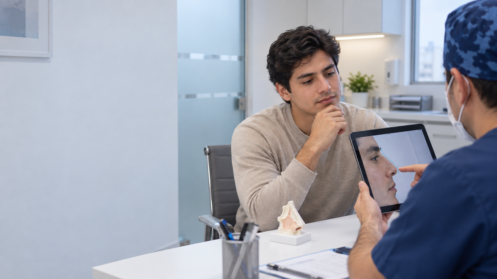 Consulta de rinoplastia: paciente revisando la planificación de su perfil nasal