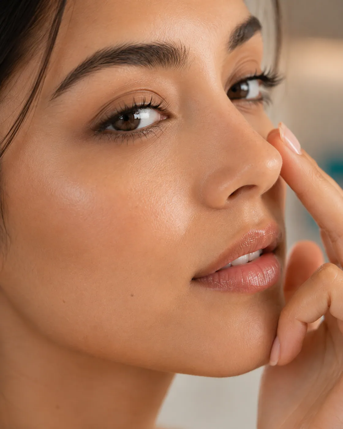 Primer plano del rostro de una paciente señalando su nariz antes de la rinoplastia