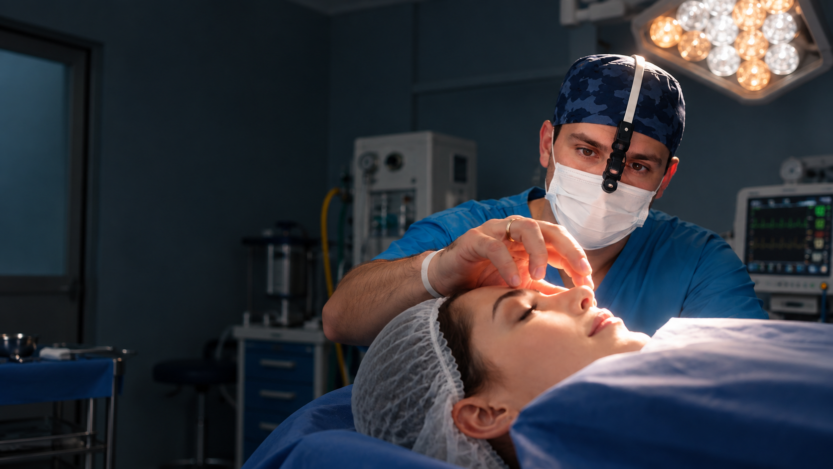 Escena de cirugía de rinoplastia en un quirófano equipado